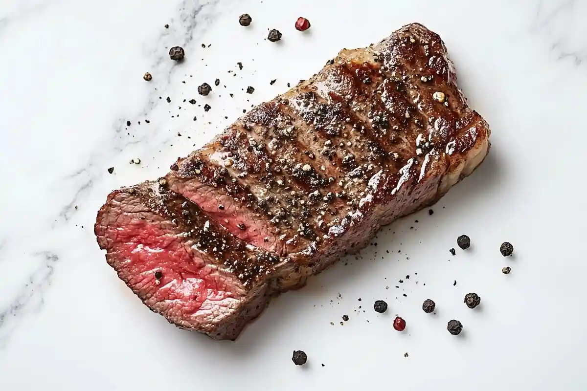 Black pepper sprinkled on a juicy steak, enhancing its flavor.