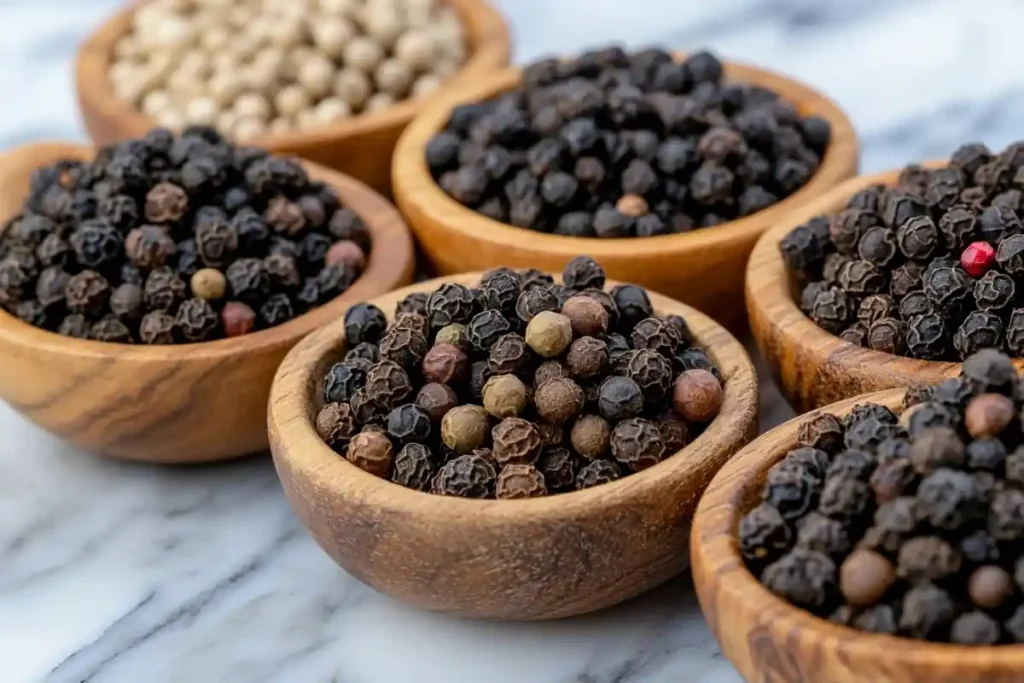 Different types of black peppercorns: Tellicherry, Malabar, and Lampong.