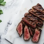 Chipotle-style grilled steak on a marble surface.