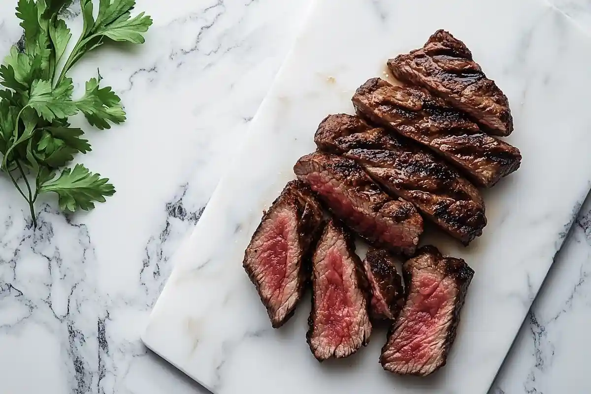 Chipotle-style grilled steak on a marble surface.