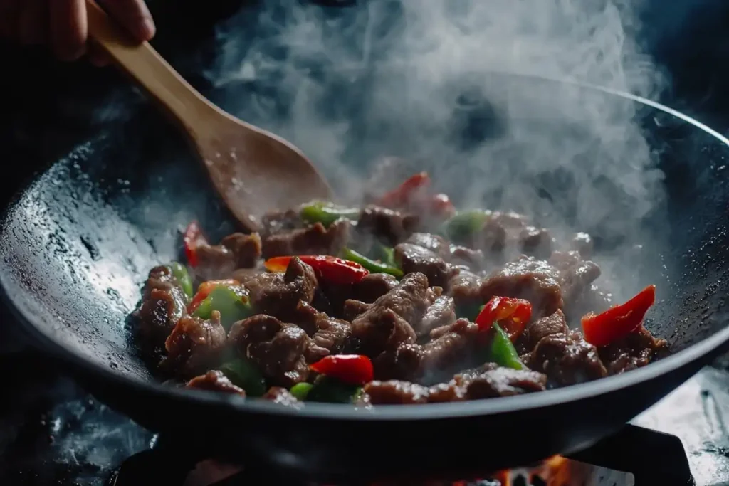 Stir-frying black pepper beef in a wok.