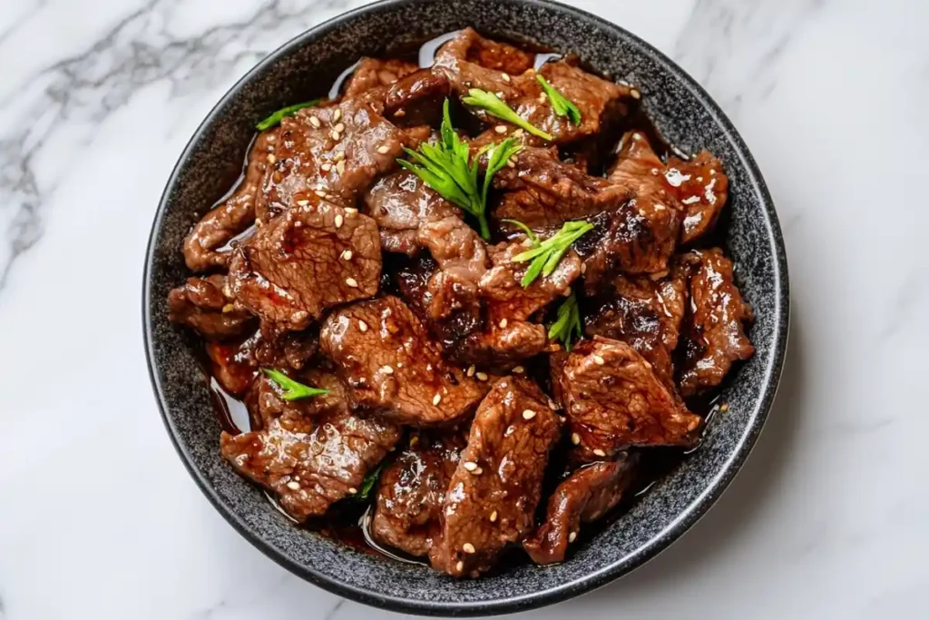 Savory black pepper beef stir-fry on a marble countertop.