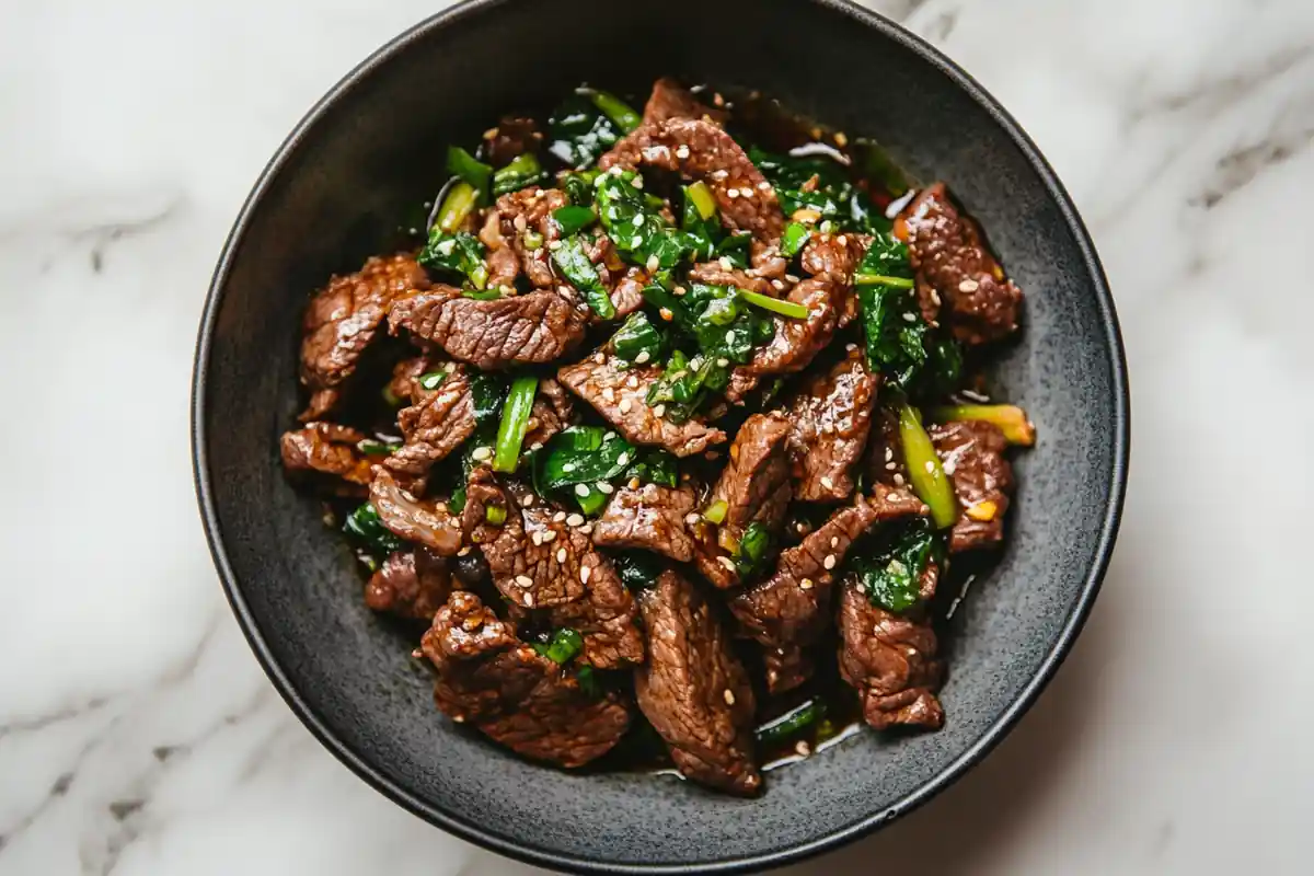 Best Chinese beef dish on a marble background.