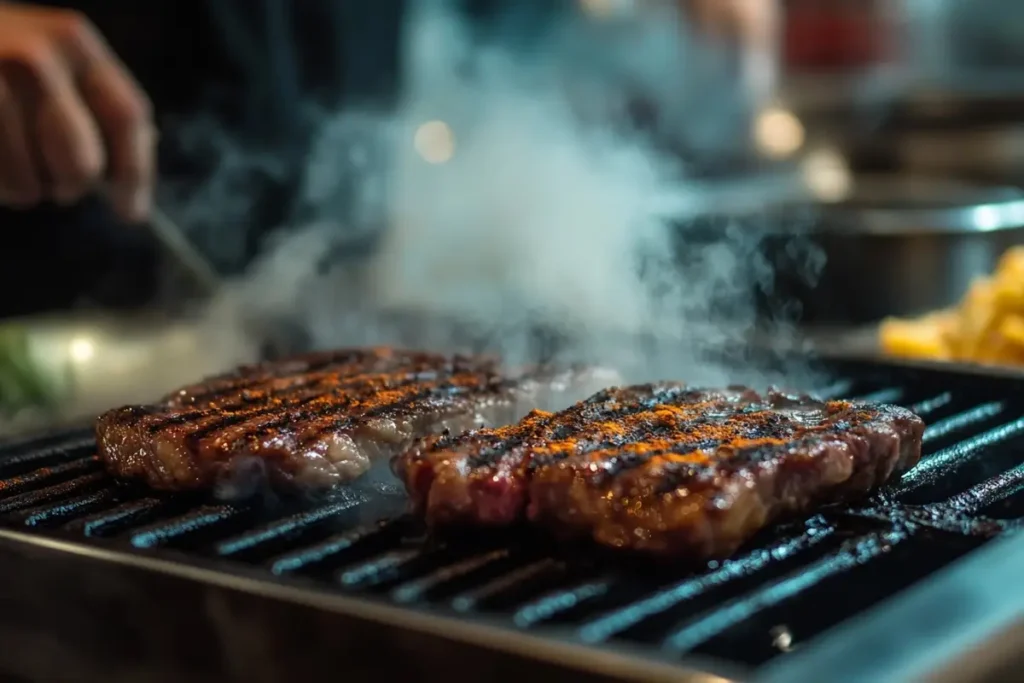 Chipotle chef grilling marinated steak.