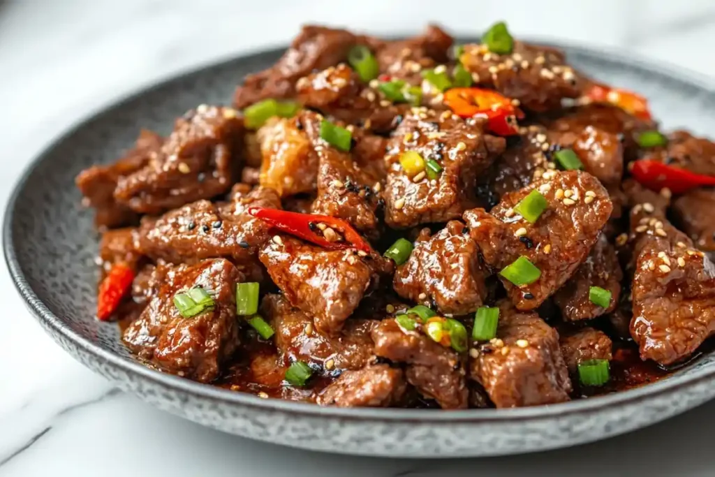 Tasty black pepper beef with all of its ingredients beautifully displayed on a marble top.