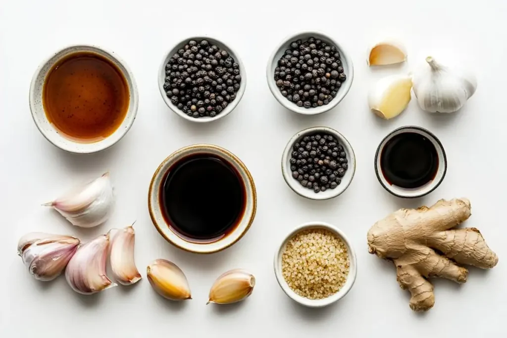  All the necessary ingredients for creating authentic black pepper sauce.