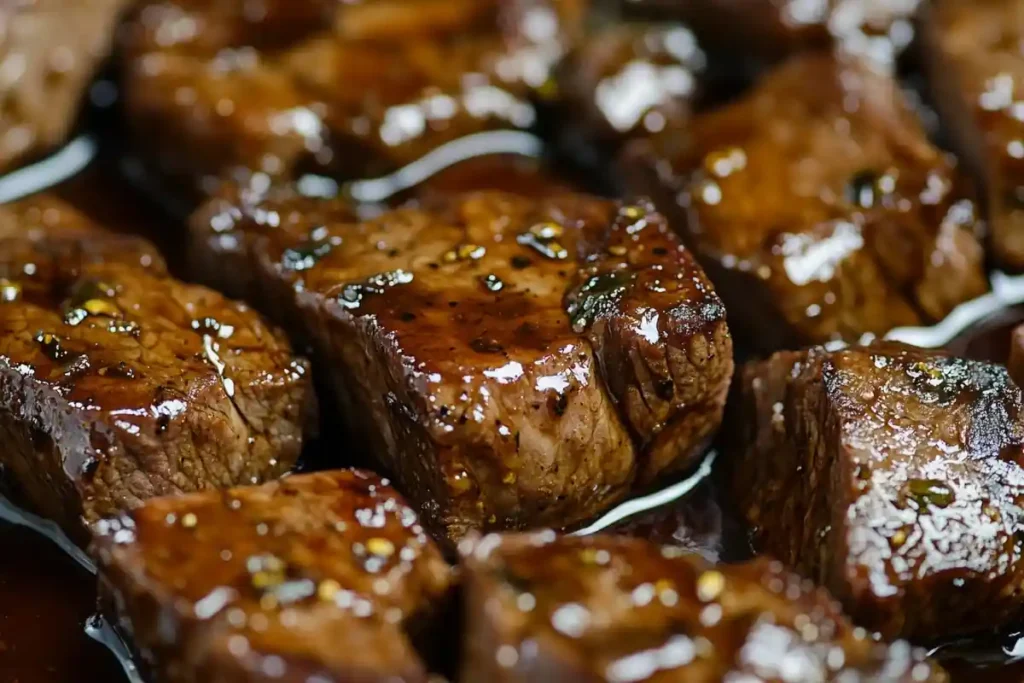 Beef being immersed in a delicious marinade for flavorful black pepper beef.